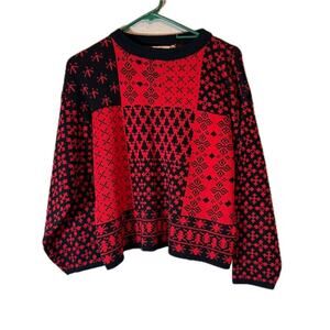 Ricki Red Black Geometric Pattern Acrylic Sweater Small Vintage Long Sleeve